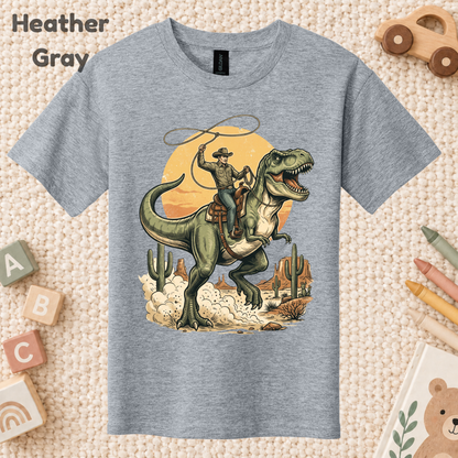 Cowboy Riding T-Rex Western T-Shirt, Rodeo Dinosaur Desert Cactus Tee for Toddler and Kids