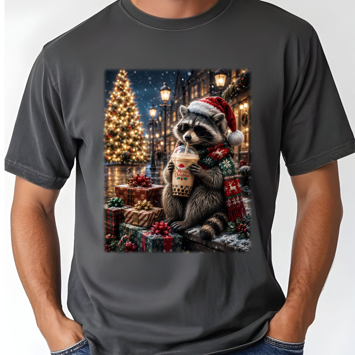 Christmas Raccoon Santa Hat T-Shirt, Coffee Drink Cute Holiday Winter Comfort Color Tee