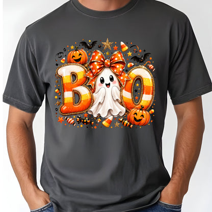 Halloween Boo Ghost Orange Bow T-Shirt, Candy Corn Pumpkin Spooky Season Tee