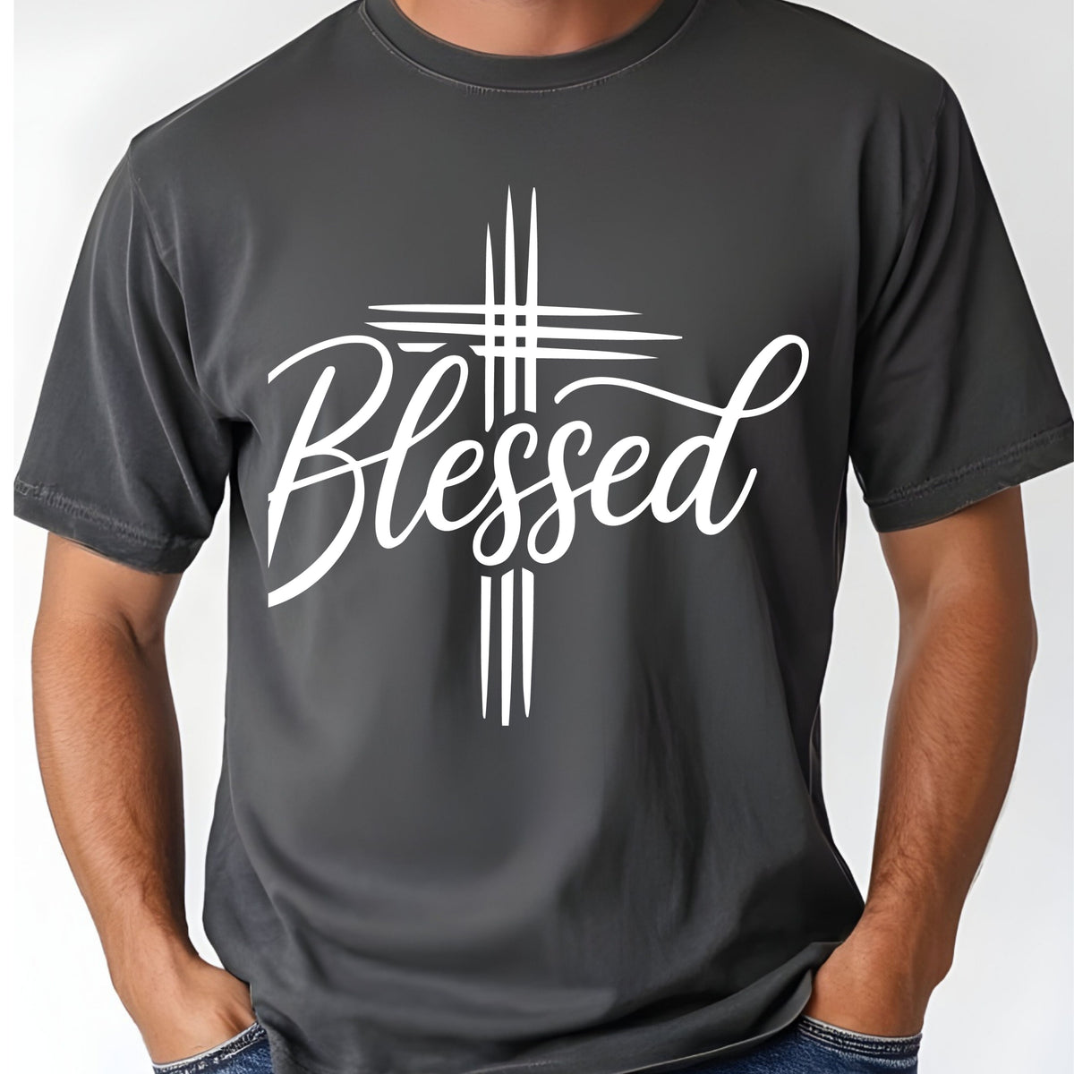 Blessed Cross Christian T-Shirt, Script Cursive Faith Minimalist Religious Tee Sweatshirt