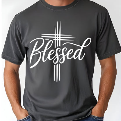 Blessed Cross Christian T-Shirt, Script Cursive Faith Minimalist Religious Tee Sweatshirt