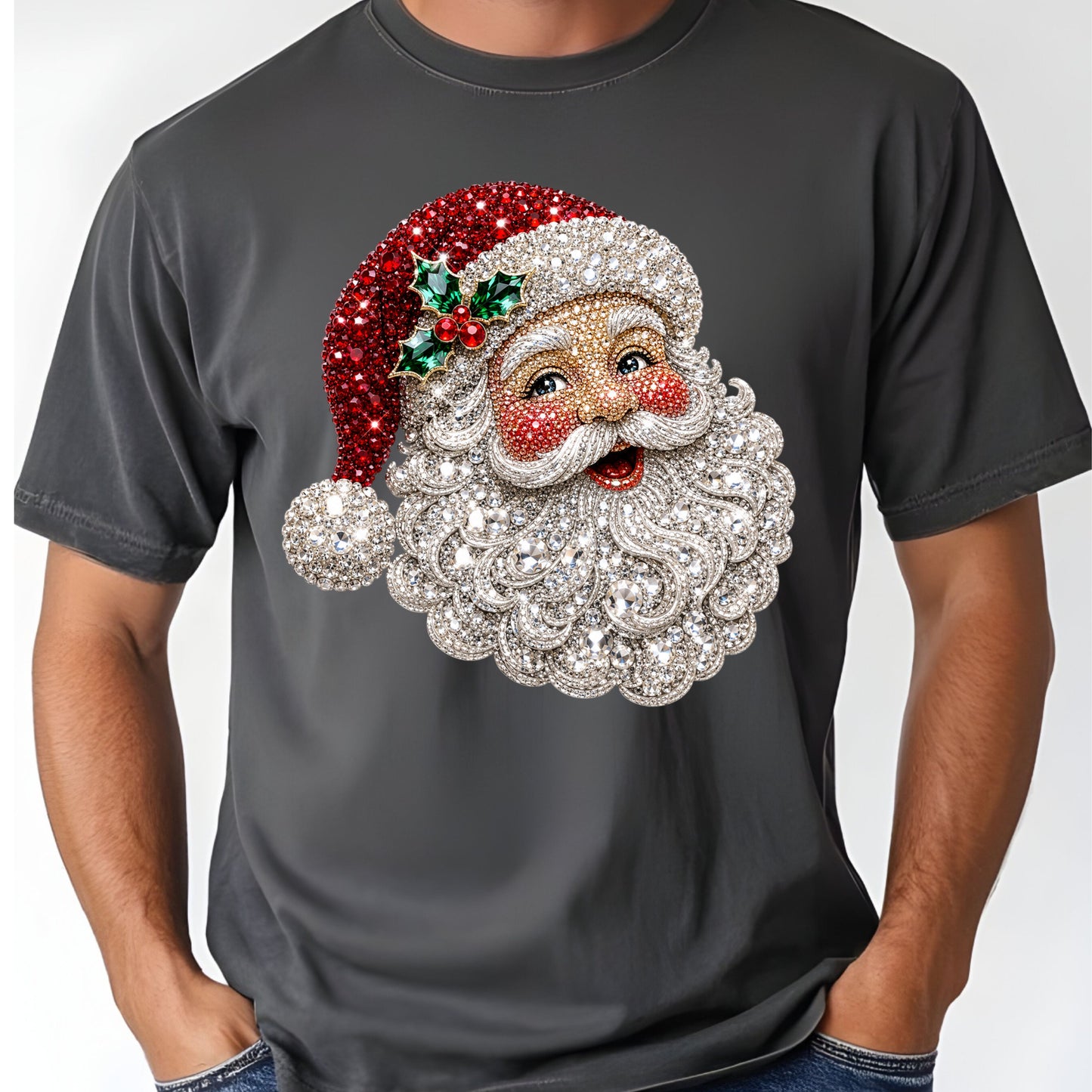 Christmas Santa Claus Vintage T-Shirt, Bejeweled Rhinestone Santa Head Festive Holiday Tee