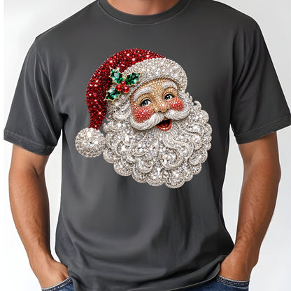 Christmas Santa Claus Vintage T-Shirt, Bejeweled Rhinestone Santa Head Festive Holiday Tee