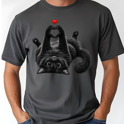 Black Cat Heart Hands T-Shirt, Cute Kitty Kitten Lover Heart Paws Love Tee