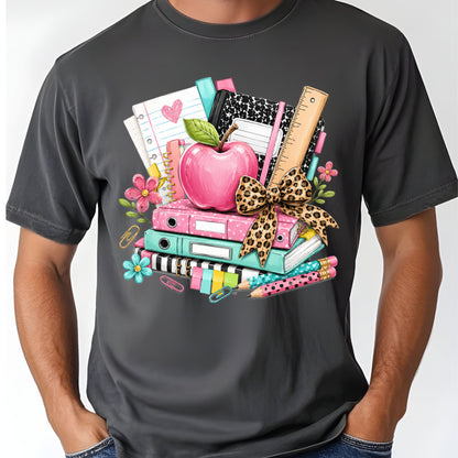 Pink Apple School Supplies T-Shirt, Books Leopard Bow Back to School Teacher Tee