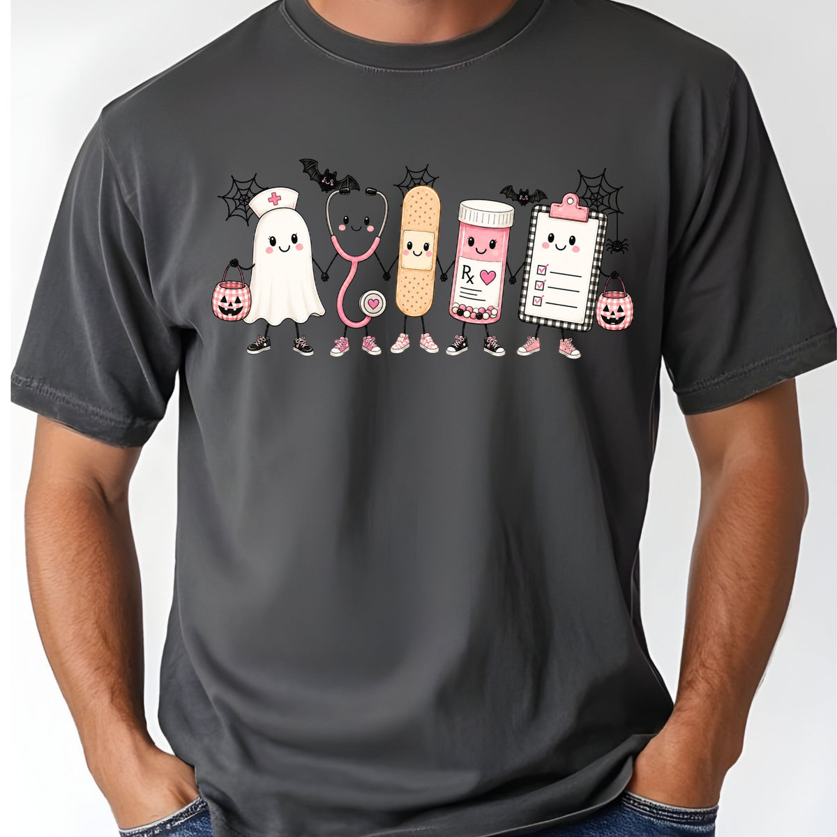 Pink Spooky Nurse Squad Halloween T-Shirt, Ghost Stethoscope Medical Bandage Tee
