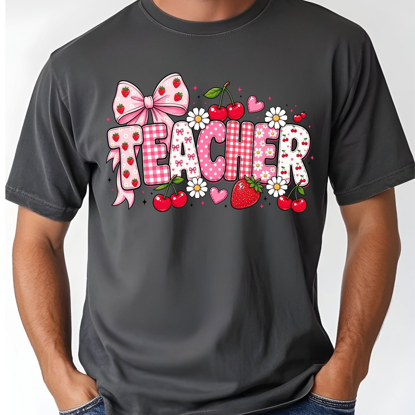 Teacher Coquette Pink T-Shirt, Strawberries Cherries Bow School Educator Tee