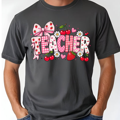 Teacher Coquette Pink T-Shirt, Strawberries Cherries Bow School Educator Tee