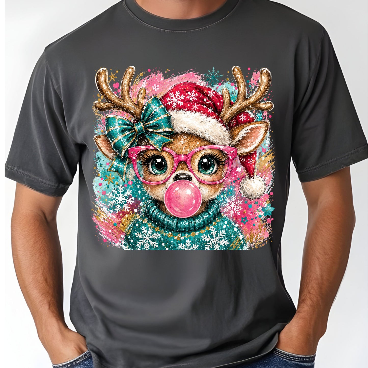 Christmas Reindeer Pink Glasses T-Shirt, Bubblegum Deer Santa Hat Cute Comfort Color Tee
