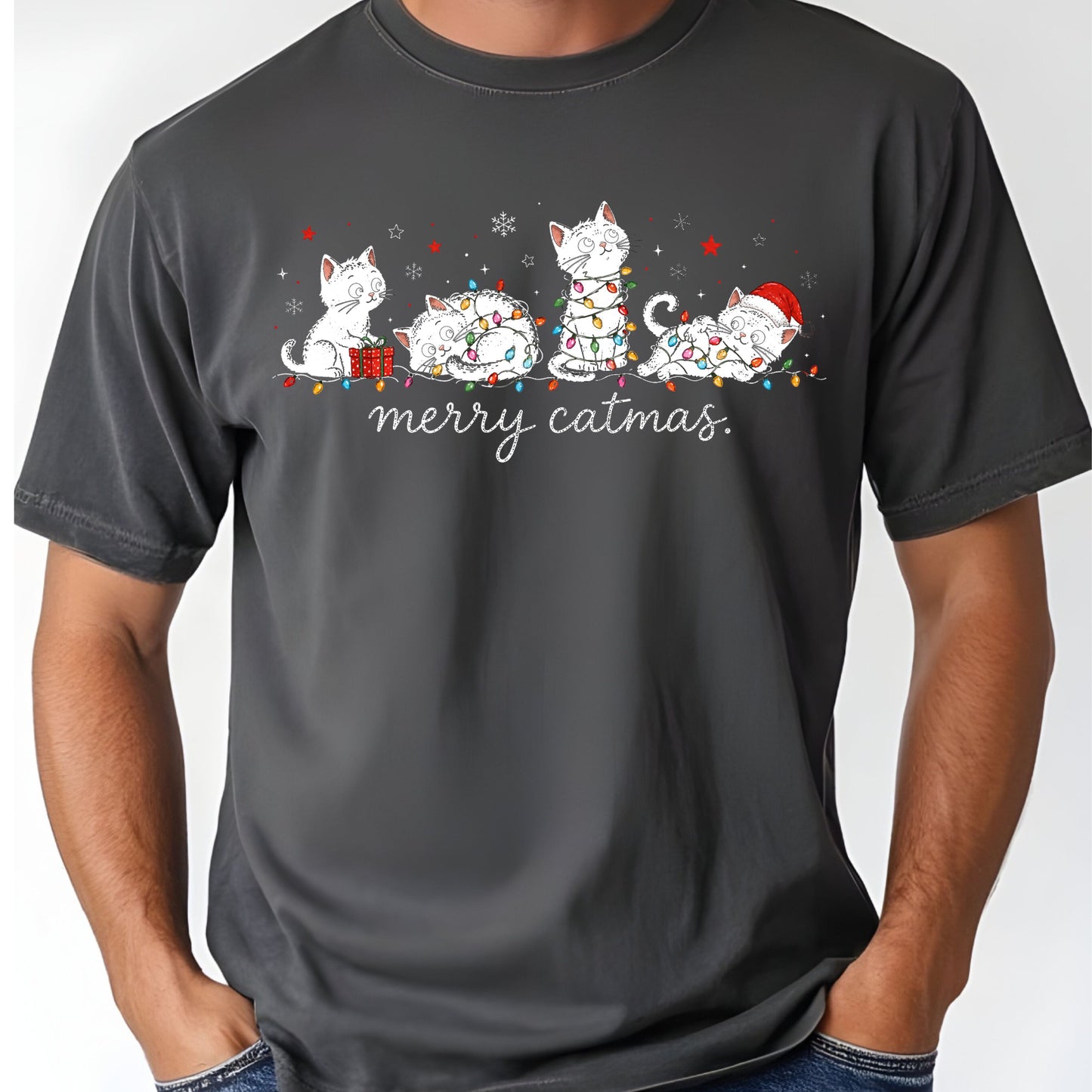 Merry Catmas Black Cats Christmas T-Shirt, Christmas Lights Black Kittens Cat Lover Tee