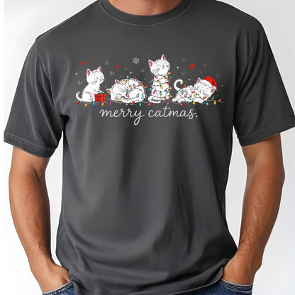 Merry Catmas Black Cats Christmas T-Shirt, Christmas Lights Black Kittens Cat Lover Tee