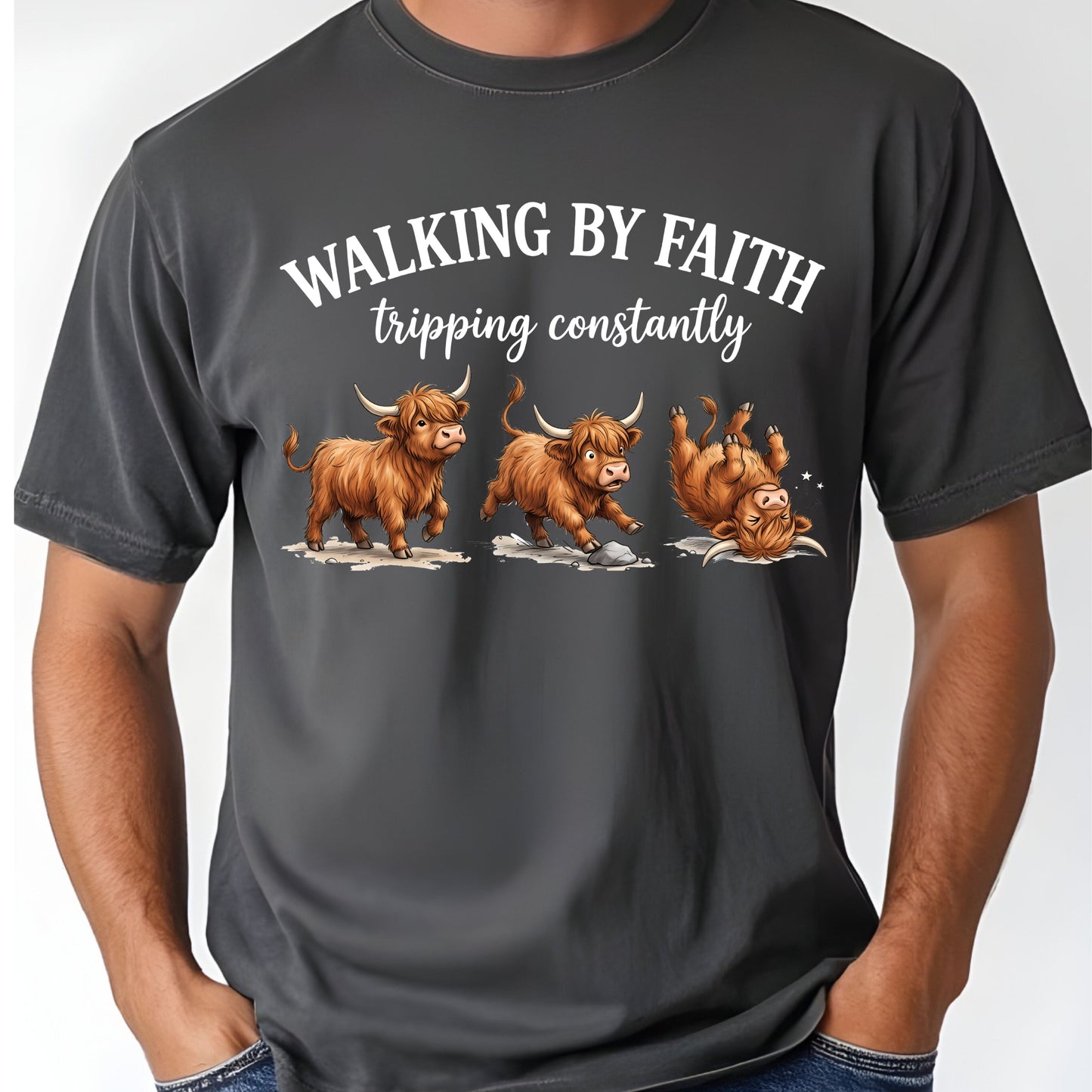 Walking by Faith Highland Cow T-Shirt, Tripping Constantly Funny Christian Quote Tee