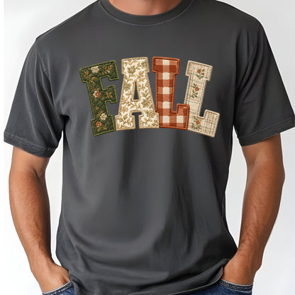 Fall Patchwork Chenille Letters T-Shirt, Quilted Plaid Autumn Thanksgiving Comfort Color Tee