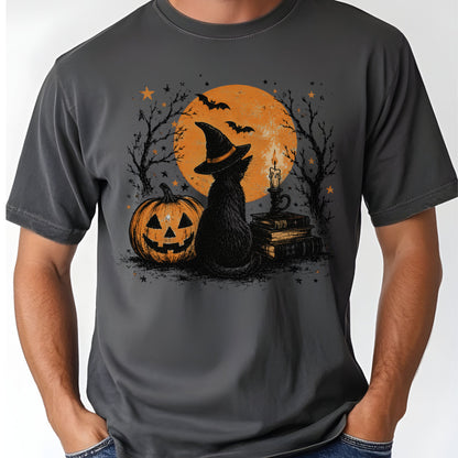 Halloween Black Cat Witch T-Shirt, Full Moon Pumpkin Spooky Vintage Books Magic Tee