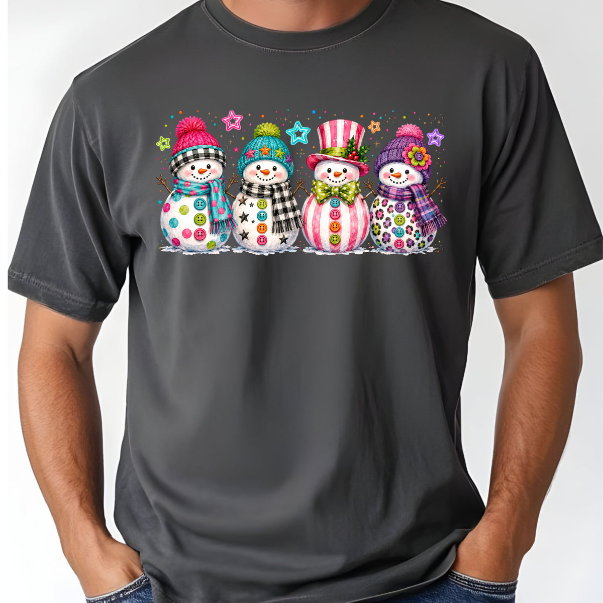 Christmas Colorful Snowmen T-Shirt, Cute Winter Snowman Beanies Scarves Holiday Tee