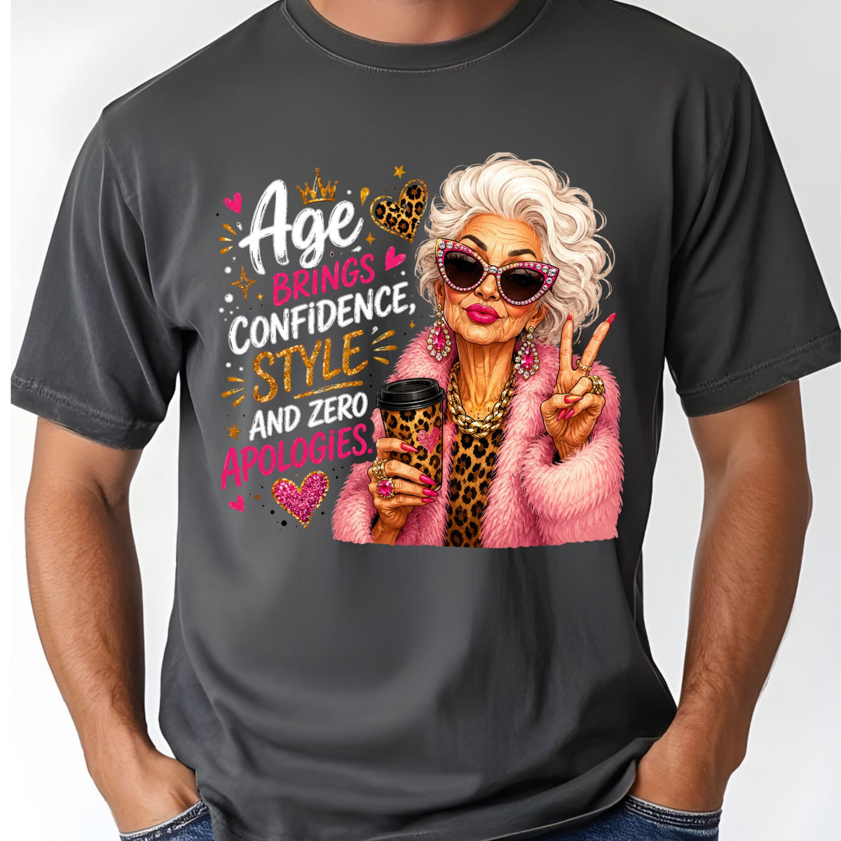 Age Brings Confidence Senior Woman T-Shirt, Fabulous Glam Leopard Coffee Comfort Color Tee