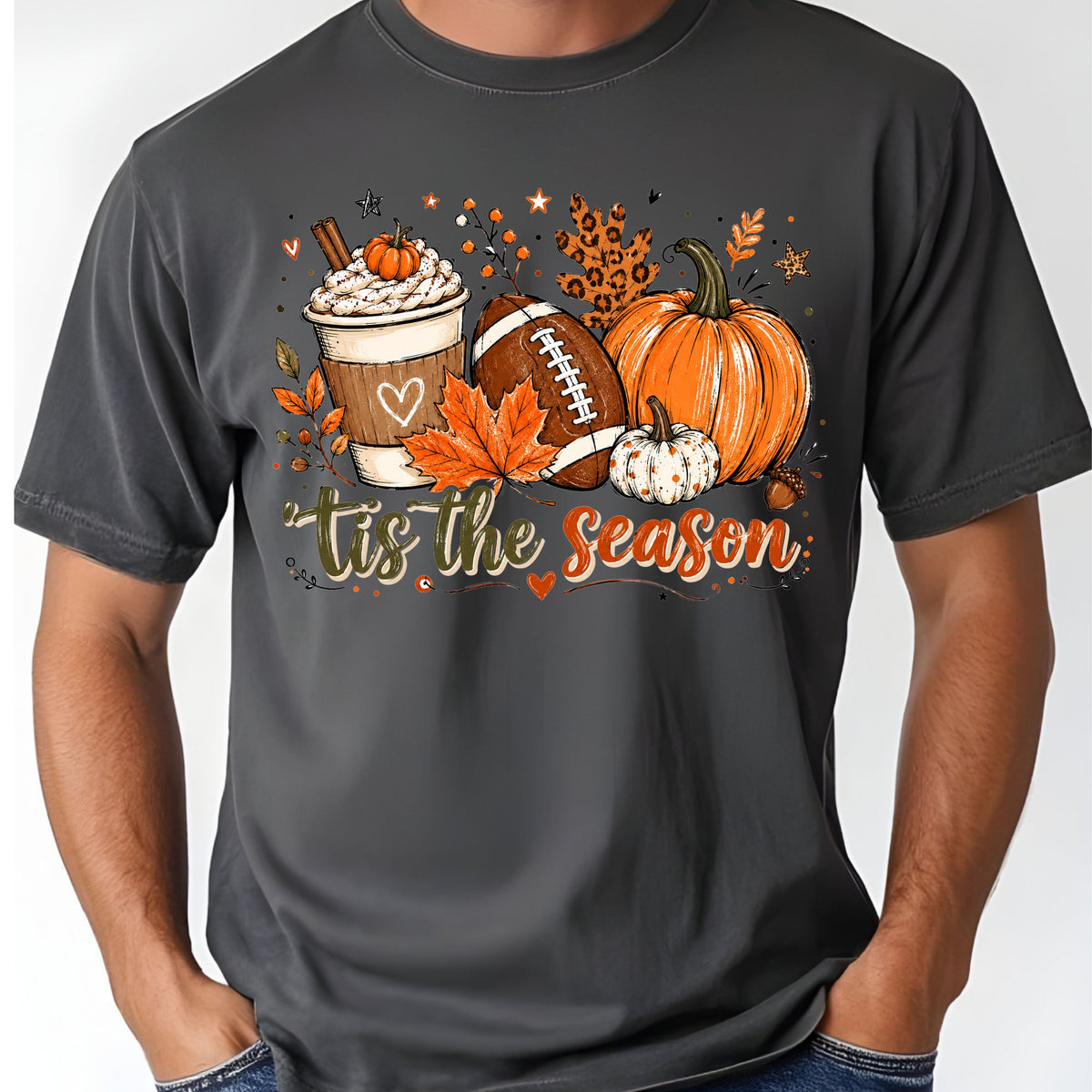 Tis the Season Football Fall T-Shirt, Pumpkin Spice Coffee Thanksgiving Tee