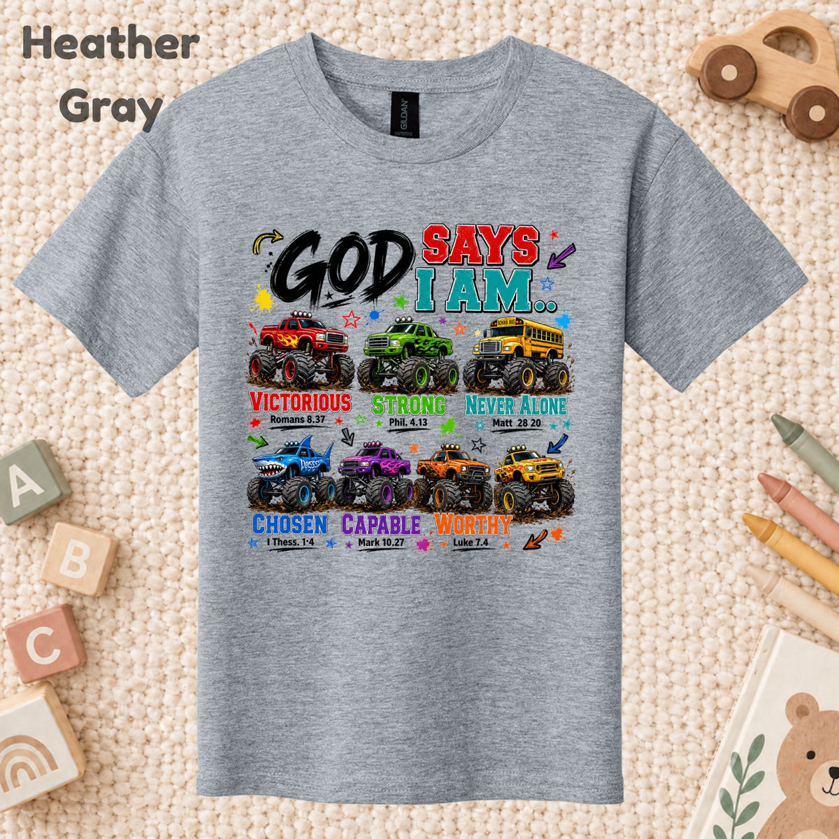 God Says I Am Monster Trucks Christian T-Shirt, Bible Verse Kids Religious Graphic Tee