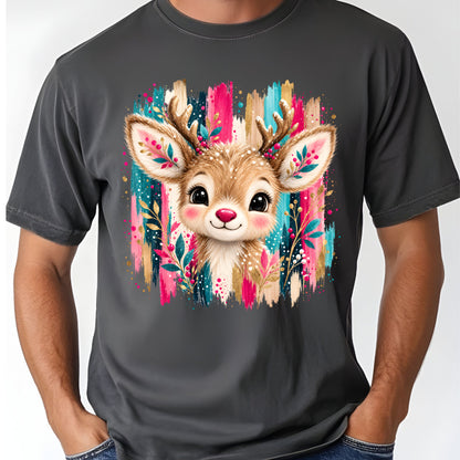 Cute Christmas Reindeer Floral Antlers T-Shirt, Pink Teal Gold Holiday Tee