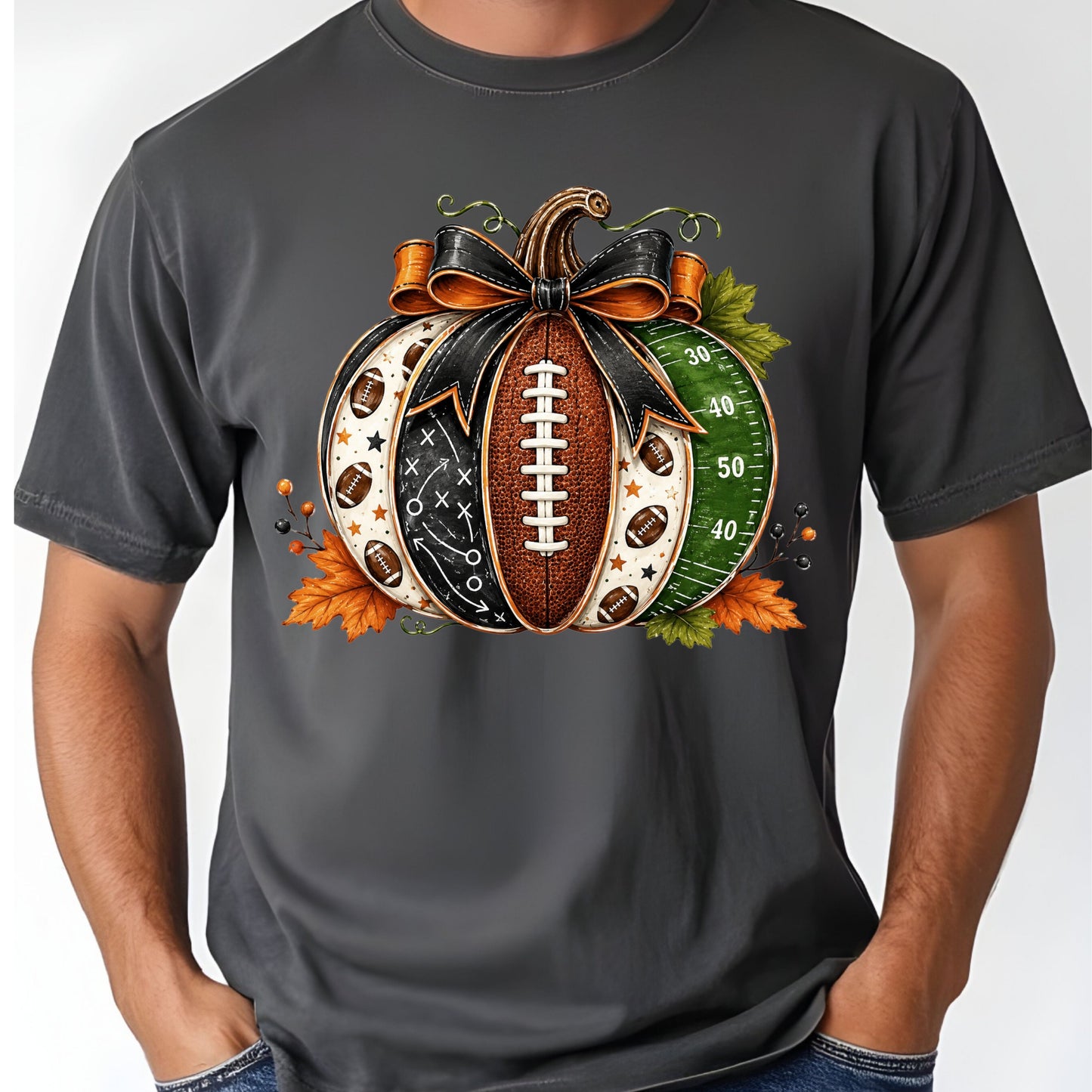 Football Pumpkin Bow Fall T-Shirt, Game Day Football Field Patchwork Autumn Tee