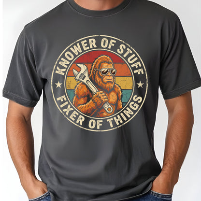 Funny Bigfoot Knower of Stuff Fixer of Things T-Shirt, Retro Sasquatch Wrench Sunglasses Dad Handyman Tee