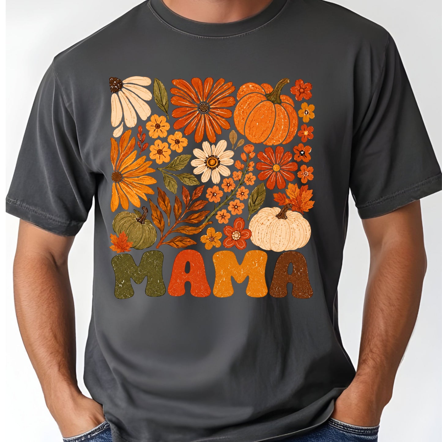 Mama Fall Floral Pumpkins T-Shirt, Retro Groovy Autumn Flowers Thanksgiving Comfort Color Tee