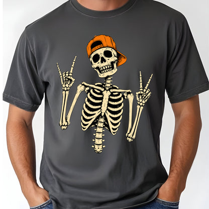 Cool Skeleton Rock On T-Shirt, Peace Sign Halloween Orange Hat Spooky Tee