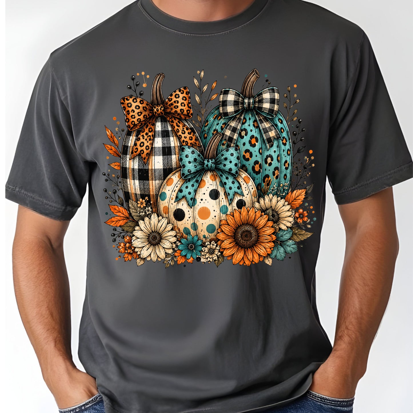 Fall Leopard Plaid Pumpkins T-Shirt, Teal Orange Floral Thanksgiving Tee