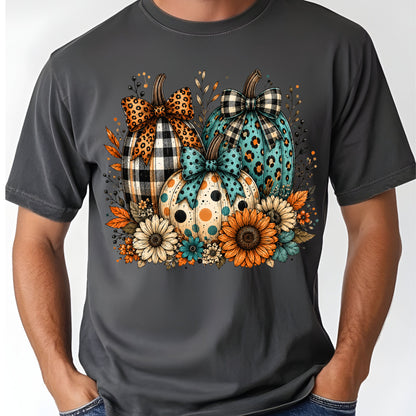 Fall Leopard Plaid Pumpkins T-Shirt, Teal Orange Floral Thanksgiving Tee