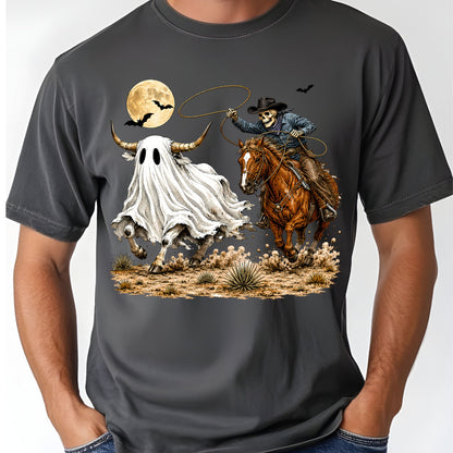 Halloween Skeleton Cowboy Ghost T-Shirt, Western Rodeo Bull Lasso Spooky Tee