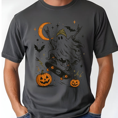Halloween Skater Ghost Rock On T-Shirt, Skateboarding Skeleton Crescent Moon Pumpkins Bats Tee