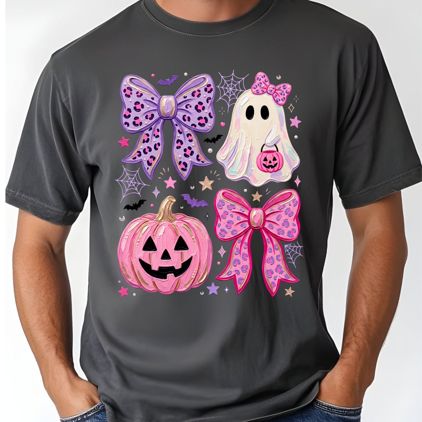 Coquette Halloween Ghost Pink Pumpkin Leopard Bow T-Shirt, Spooky Cute Tee
