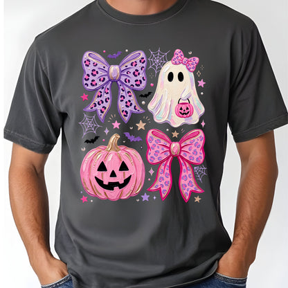 Coquette Halloween Ghost Pink Pumpkin Leopard Bow T-Shirt, Spooky Cute Tee