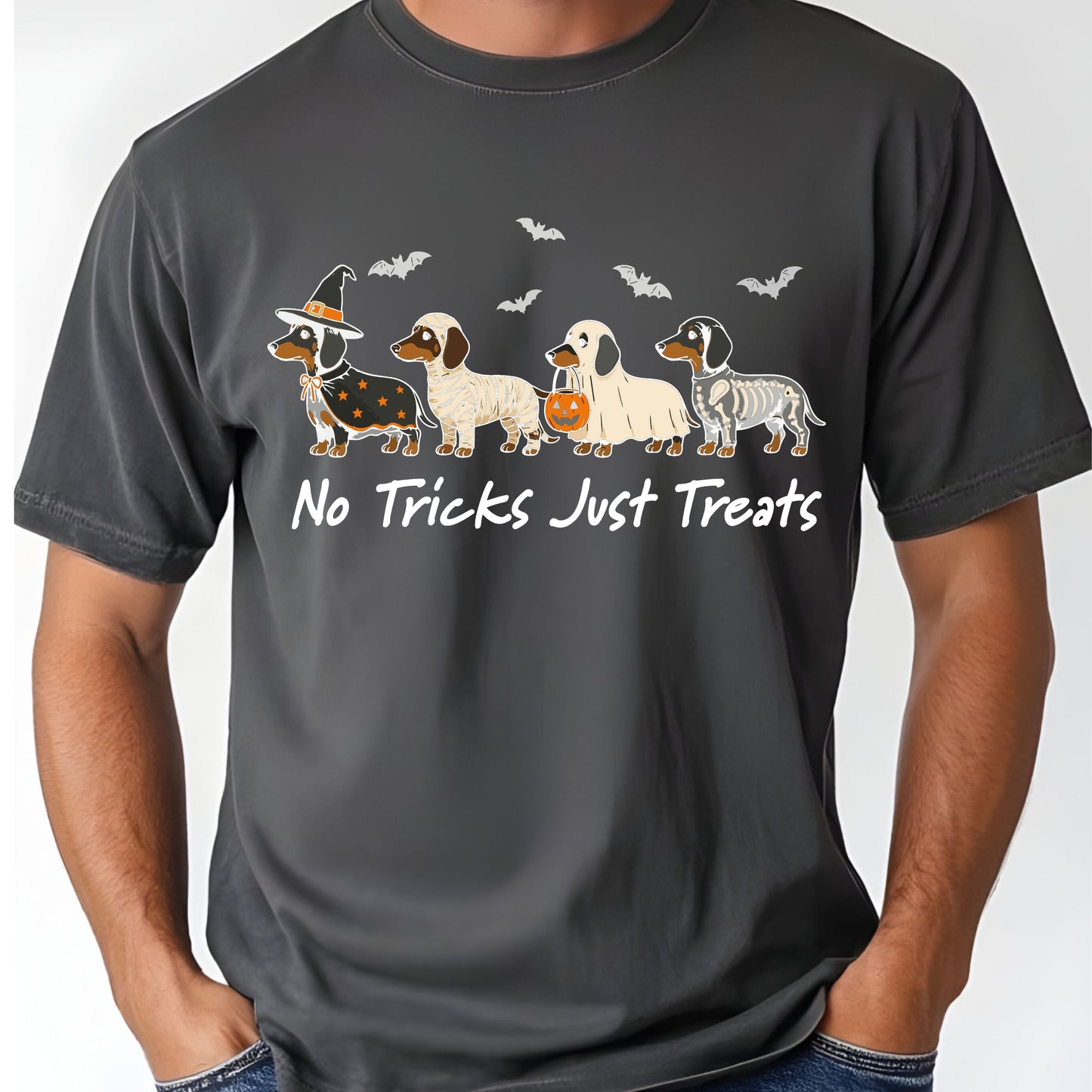 Dachshund Halloween Comfort Colors T Shirts No Tricks Just Treats Costume Tee Cute Ghost Mummy Witch Skeleton Dog Shirt Spooky Wiener Dog Hoodie