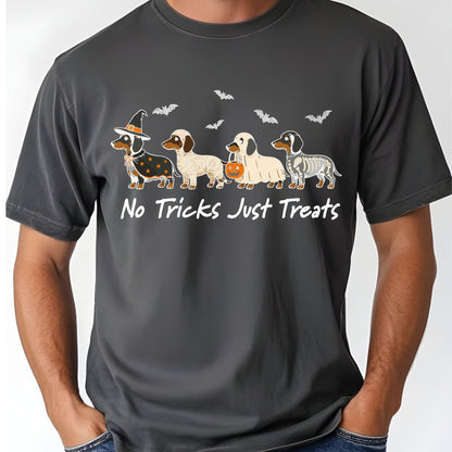 Dachshund Halloween Comfort Colors T Shirts No Tricks Just Treats Costume Tee Cute Ghost Mummy Witch Skeleton Dog Shirt Spooky Wiener Dog Hoodie