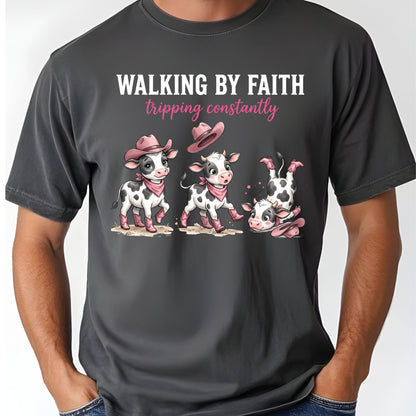 Funny Western Cow Walking by Faith T-Shirt, Pink Cowboy Boots Christian Humor Tee