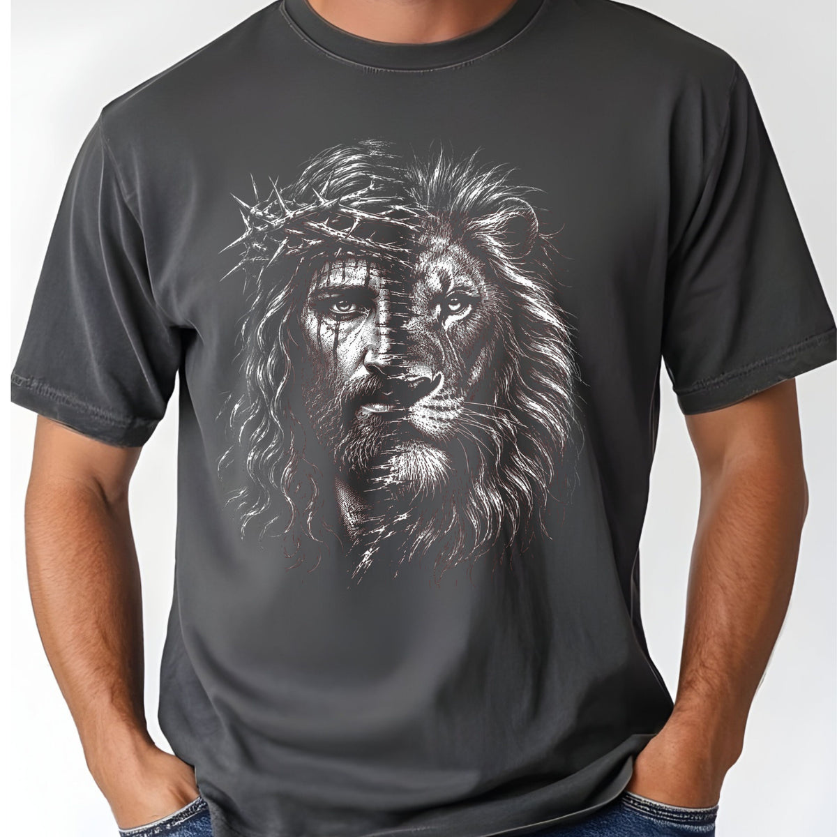 Lion and Jesus Christian Faith T-Shirt, Lion of Judah Crown of Thorns Sketch Tee