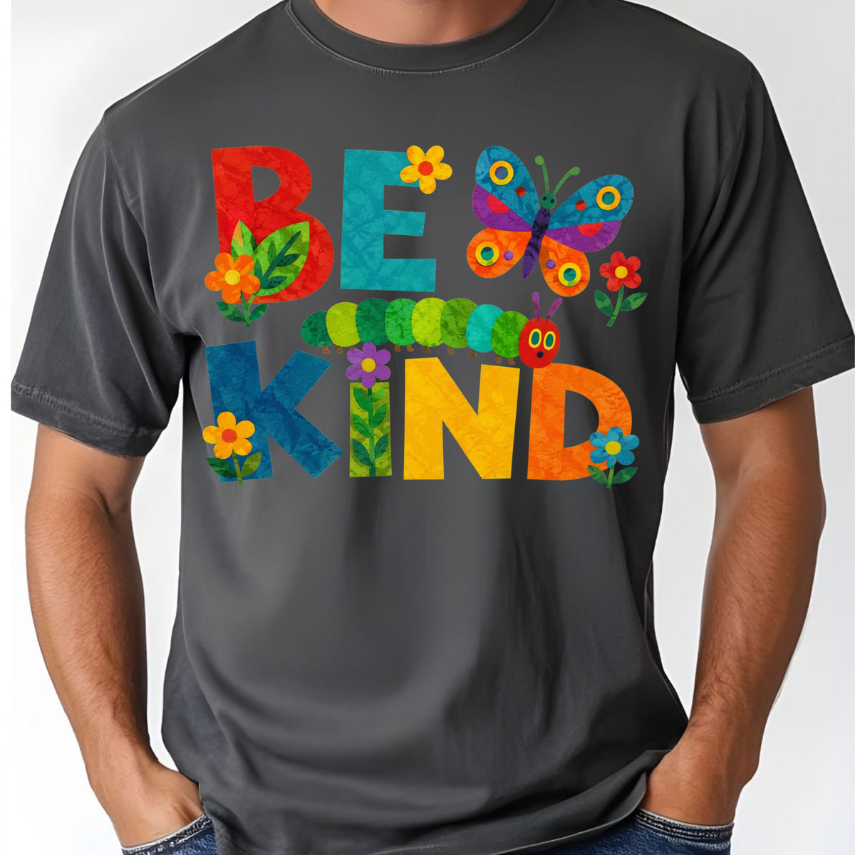 Be Kind Caterpillar Butterfly T-Shirt, Colorful Flowers Storybook Teacher Comfort Color Tee