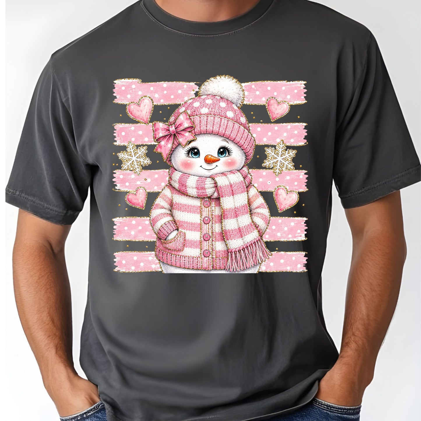 Cute Pink Snowgirl Winter T-Shirt, Snowman Beanie Bow Pink Stripes Hearts Tee