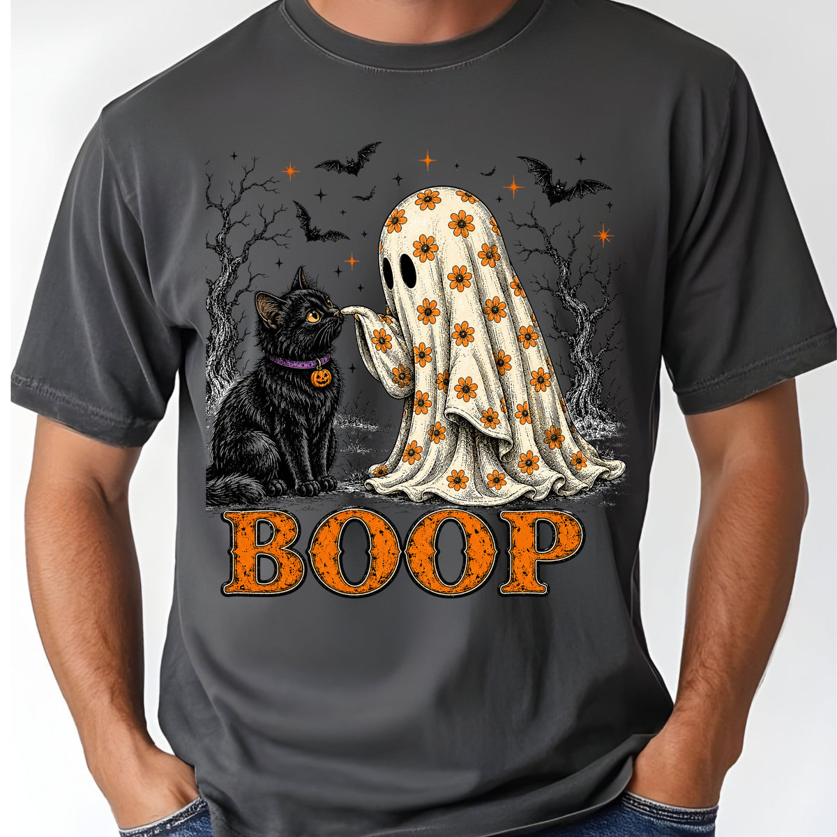 Halloween Cute Ghost Boop Black Cat T-Shirt, Floral Sheet Bats Spooky Season Tee