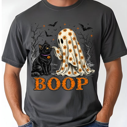 Halloween Cute Ghost Boop Black Cat T-Shirt, Floral Sheet Bats Spooky Season Tee