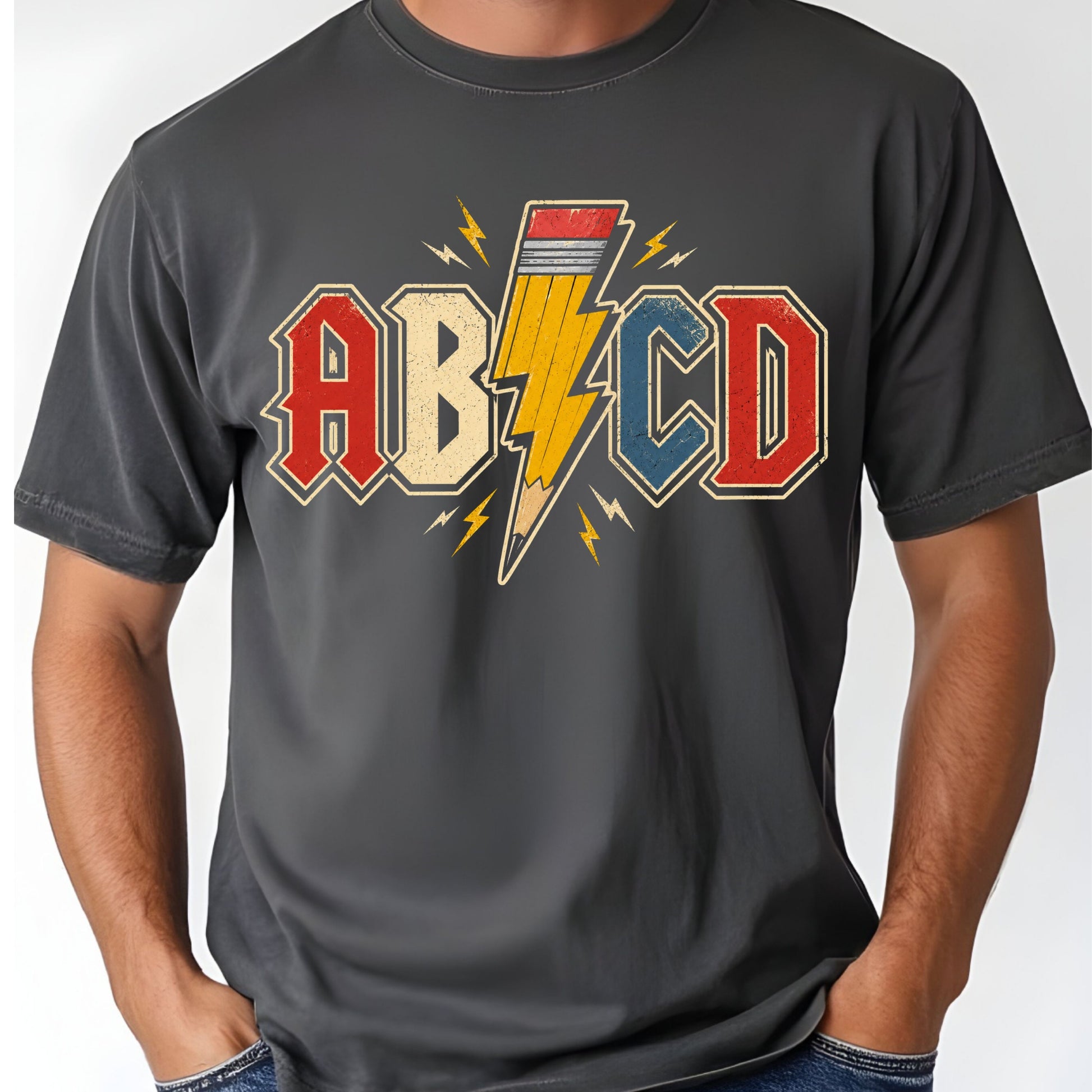 AB CD Lightning Bolt Pencil Teacher T-Shirt, Rock N Roll Back to School Comfort Color Tee