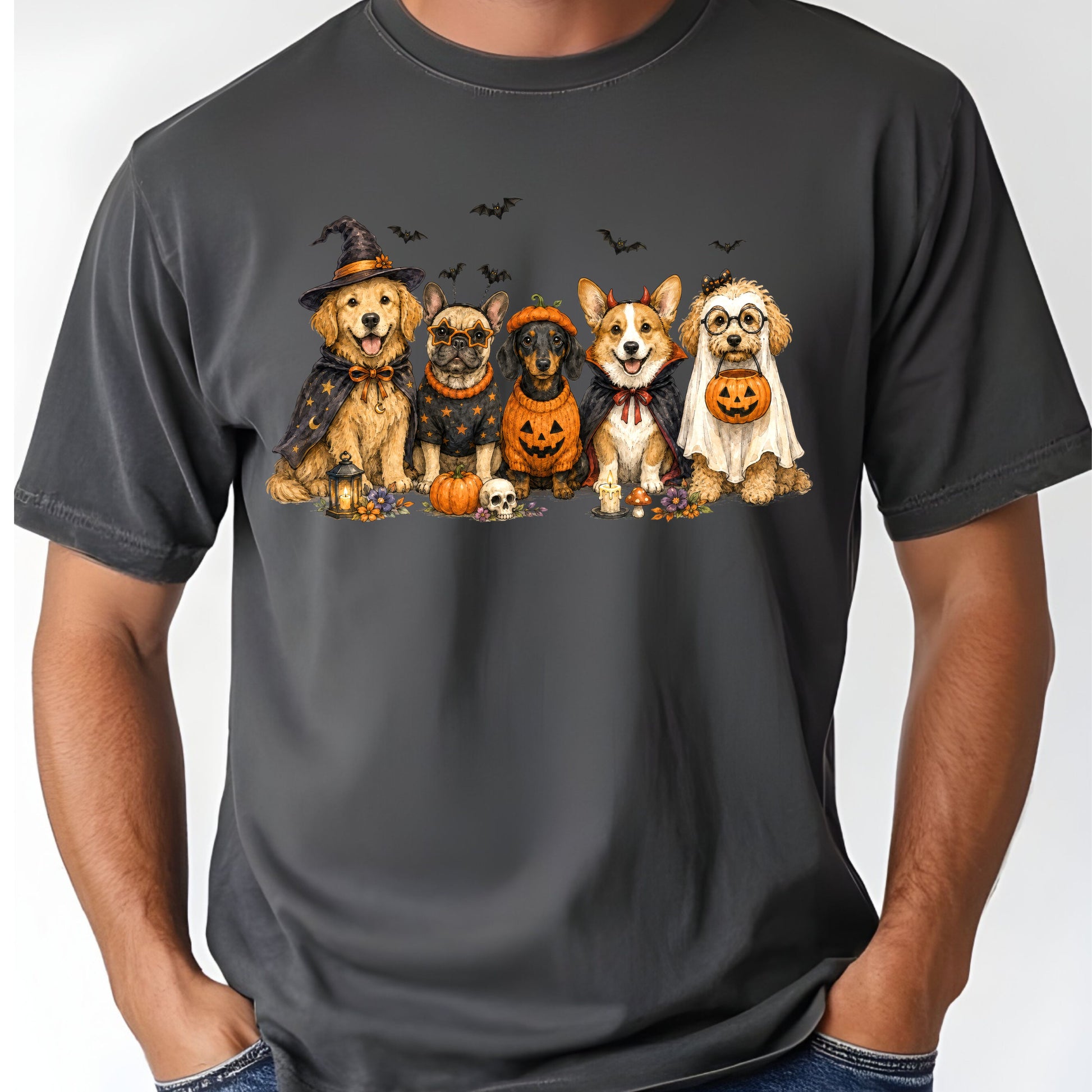 Halloween Dogs Comfort Colors T Shirts Cute Witchy Puppy Pumpkin Tees Spooky Costume Corgi Frenchie Golden Retriever Shirt Autumn Fall Graphic Hoodie