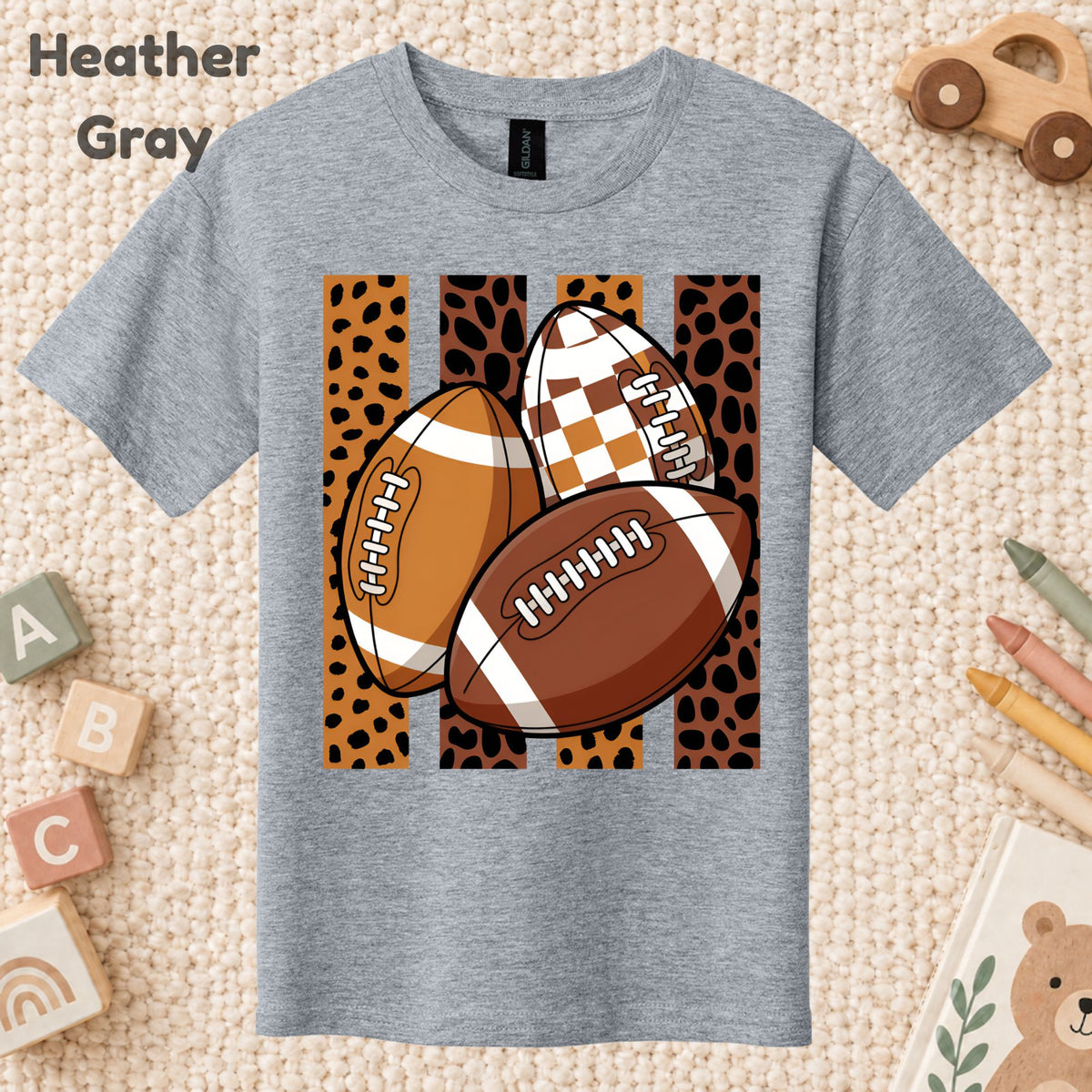 Leopard Football Game Day T-Shirt, Brown Checkered Football Season Tee for Youth