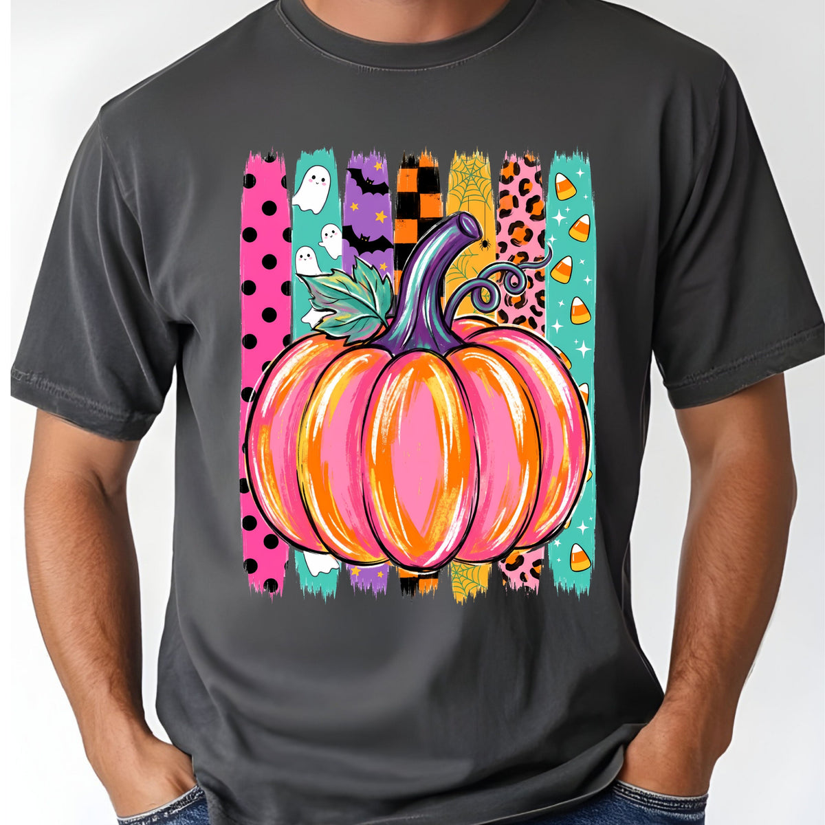 Halloween Pumpkin Brush Strokes Leopard Ghosts Candy Corn T-Shirt, Spooky Season Tee