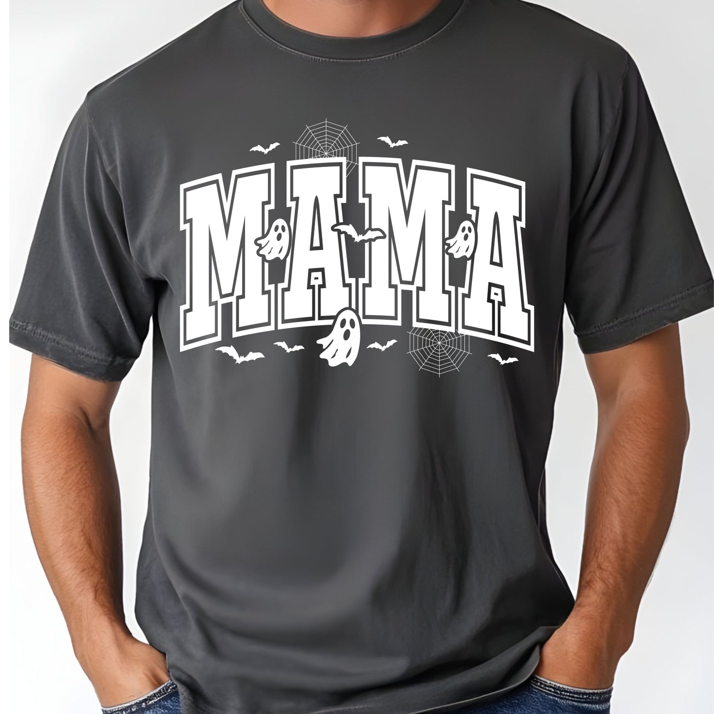 Mama Halloween Spooky Ghost Bats T-Shirt, Varsity Cute Mom Tee