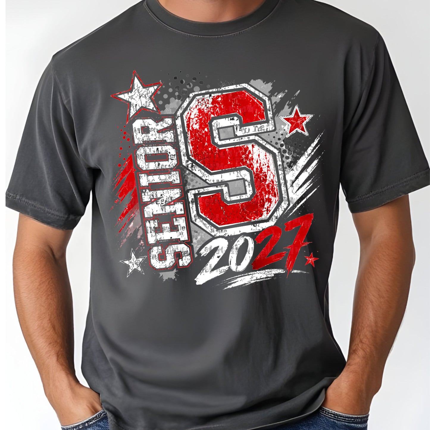 Senior 2027 Class of 2027 T-Shirt, Red Black Distressed Letter Graduation Tee