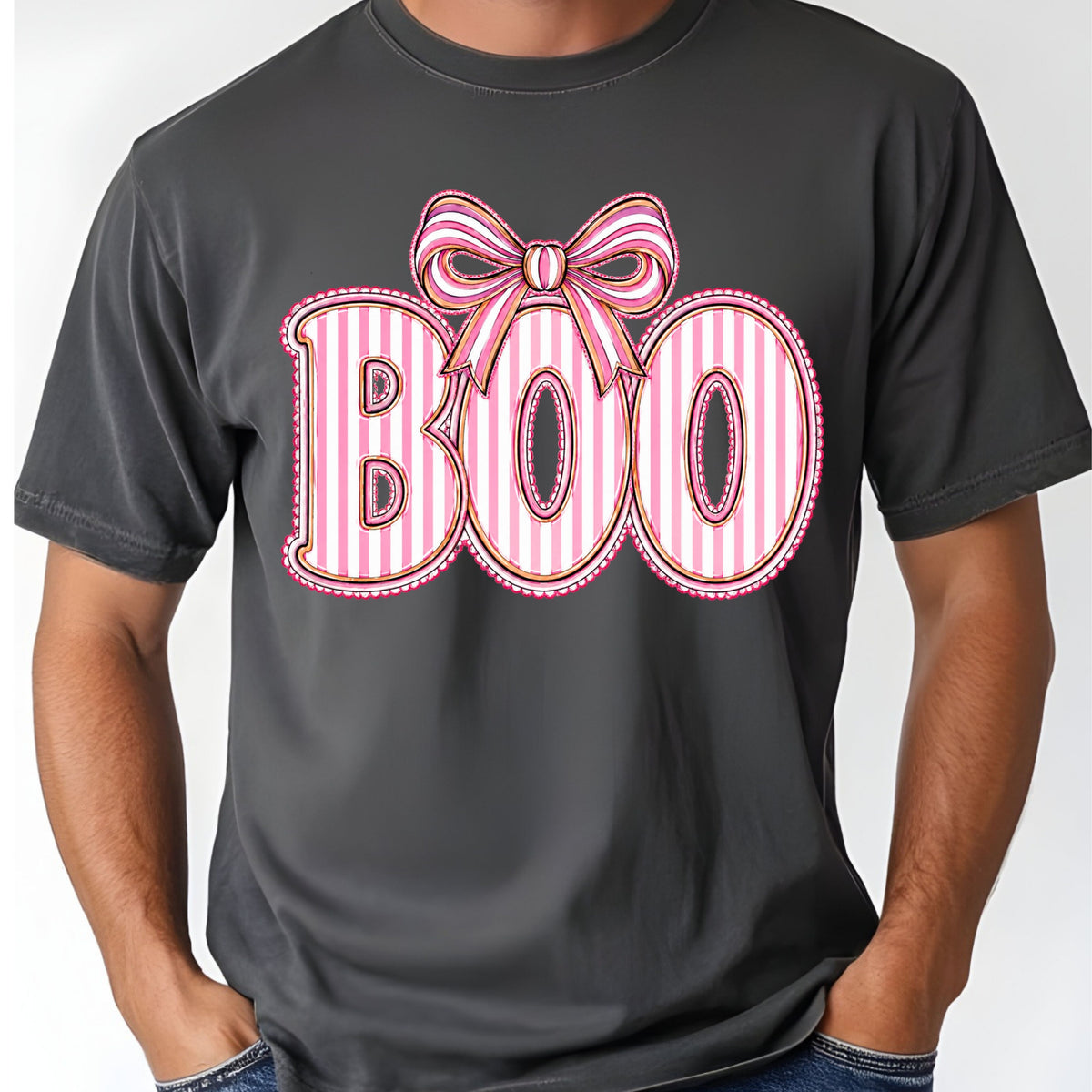 Boo Coquette Pink Bow Halloween T-Shirt, Striped Ribbon Cute Spooky Season Tee
