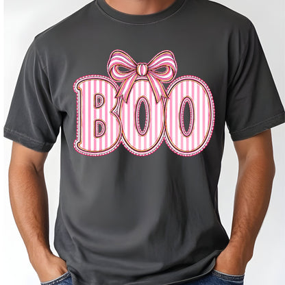 Boo Coquette Pink Bow Halloween T-Shirt, Striped Ribbon Cute Spooky Season Tee