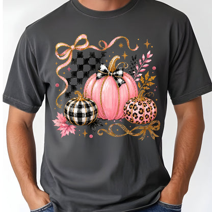Pink Coquette Fall Pumpkin T-Shirt, Leopard Plaid Ribbon Bow Checkered Autumn Tee